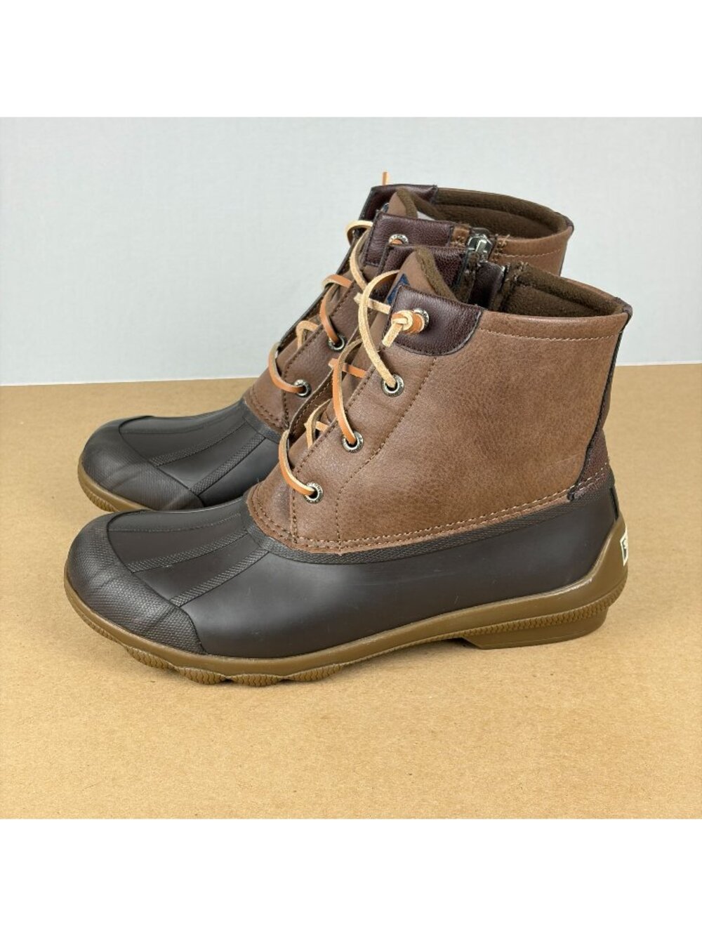 Sperry Syren Gulf Faux Leather Duck Boots Womens 7 Brown Side Zip Lace Up